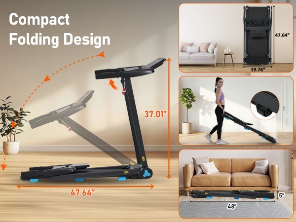 Foldable Treadmill 8% Incline 3.0HP 10MPH Type C & USB Charge Bluetooth Speaker