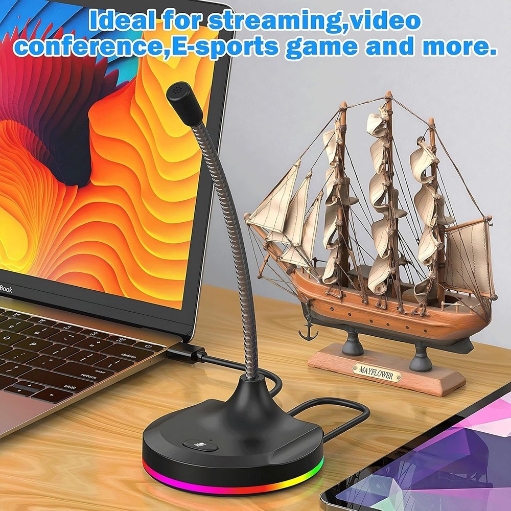 USB Computer Microphone with Mute Button and RGB Lighting,Plug&Play Mic for Conf