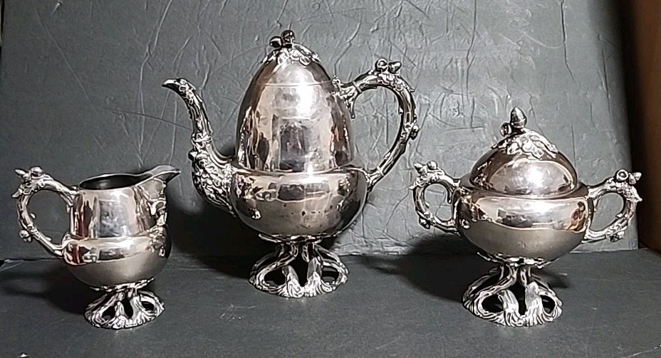 Antique Silver Plated Acorn Shaped Coffee Pot 3pc Set Acorns Tree Trunk Base