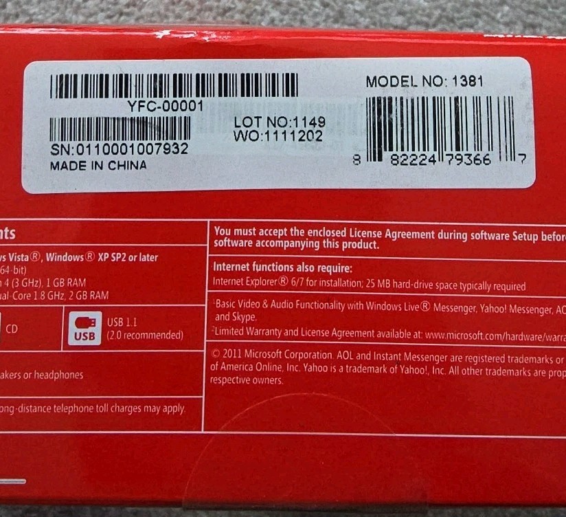 Microsoft Lifecam VX-2000 Webcam with Microphone Model 1381 NEW
