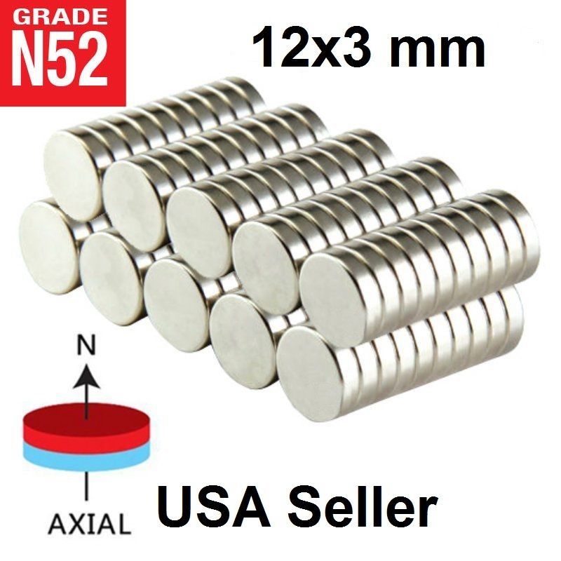 lot 100 50 12mm X 3mm 1/2" x 1/8" Neodymium Disc Strong Rare Earth N52 Magnets
