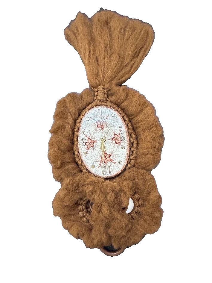 VTG Macrame Owl Hanging Wall Clock Cottagecore 70s Oval Ceramic Face Fluffy Boho