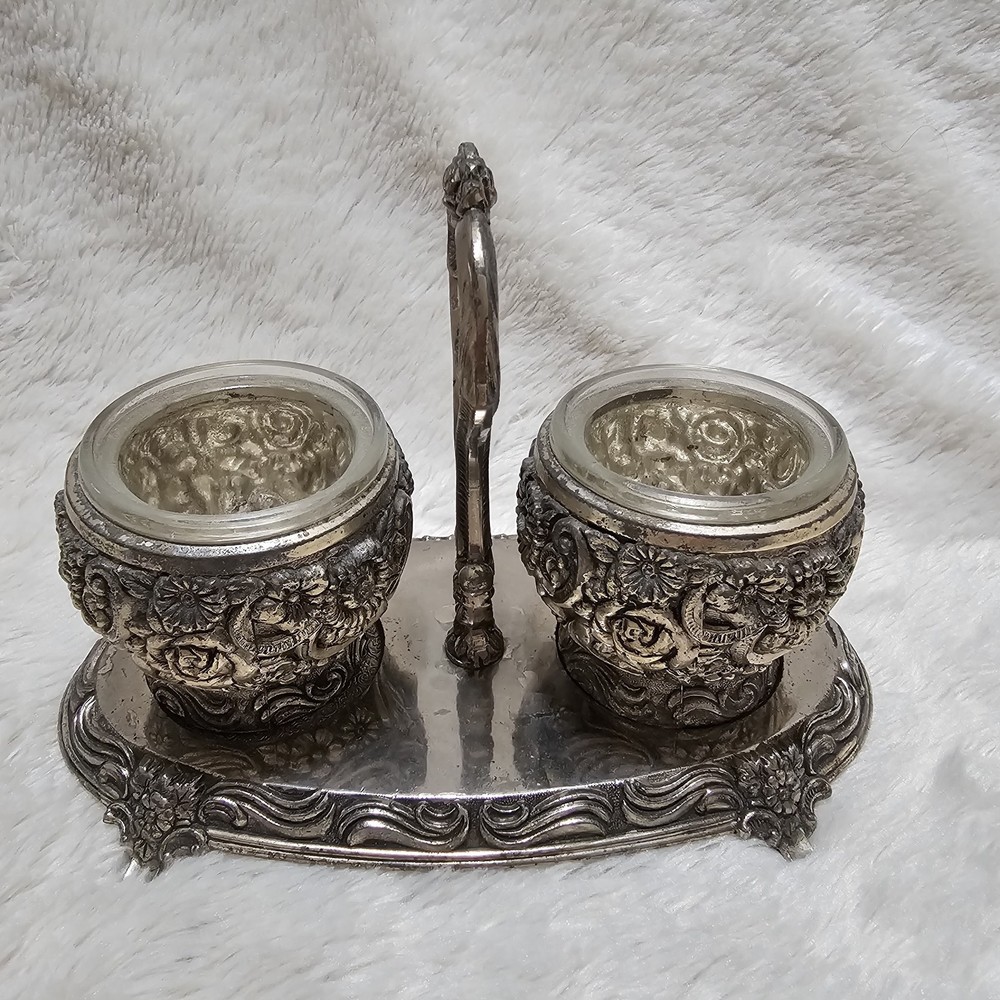 Harrison Fisher Silverplate Double Condiment Set HF-0917 No Lids Spoons VTG