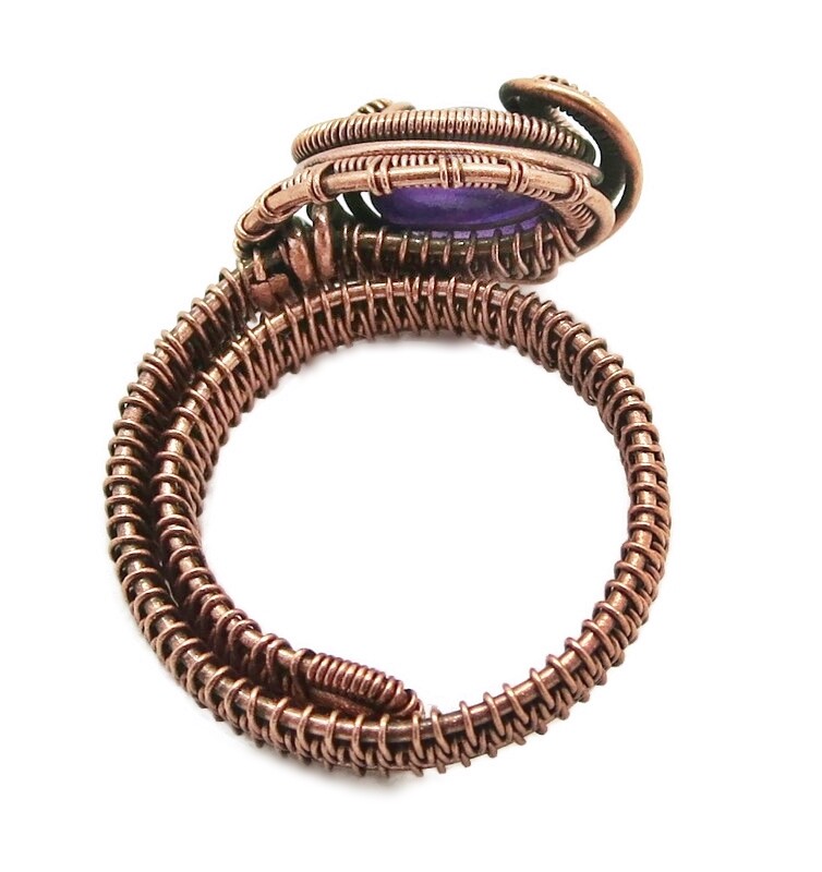 Adjustable Amethyst Wire-Wrapped Ring in Copper