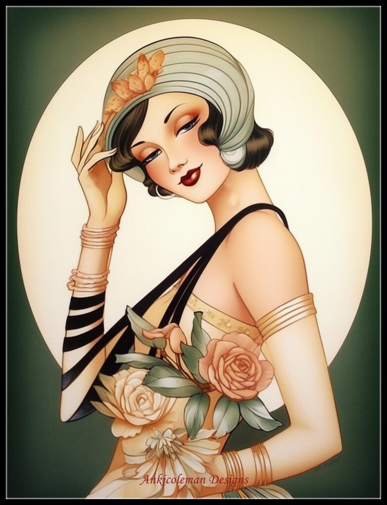 Art Deco Lady Happy 2 - Chart Counted Cross Stitch Patterns Needlework DMC Color