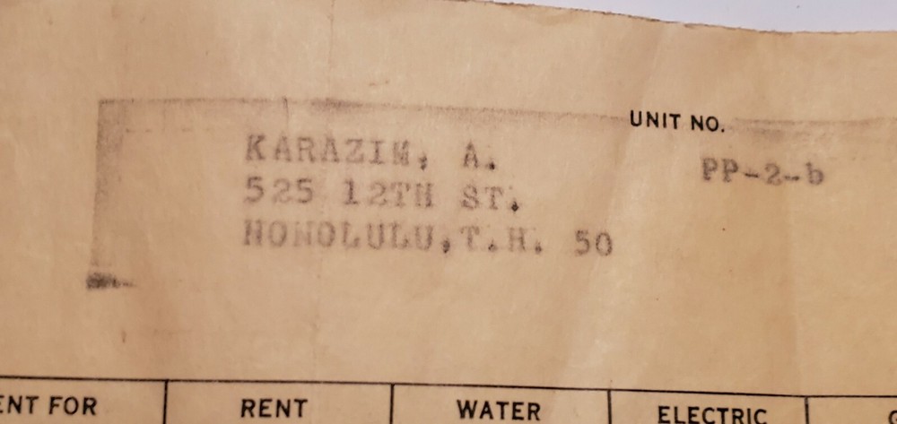 1945 Honolulu, T.H. Navy Housing Office Receipt - Hawaii Territory Navy Yard -