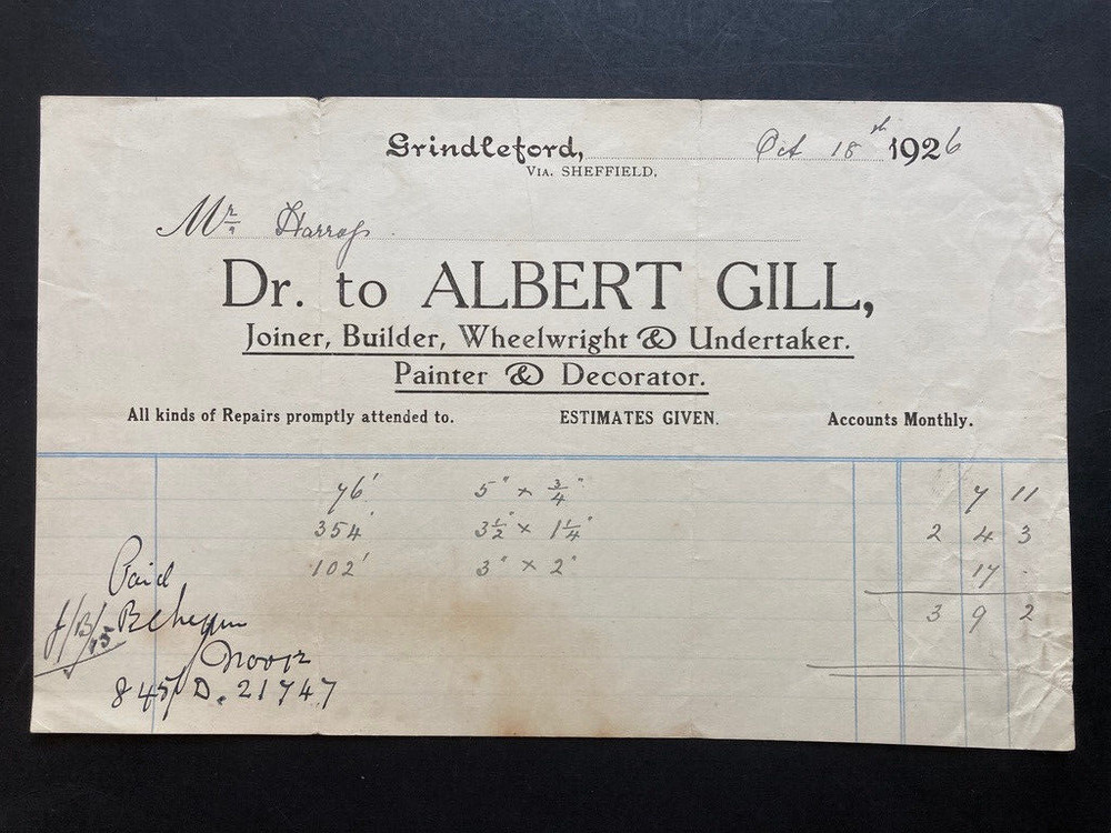 1926 Albert Gill joiner builder wheelwright undertaker Grindleford invoice