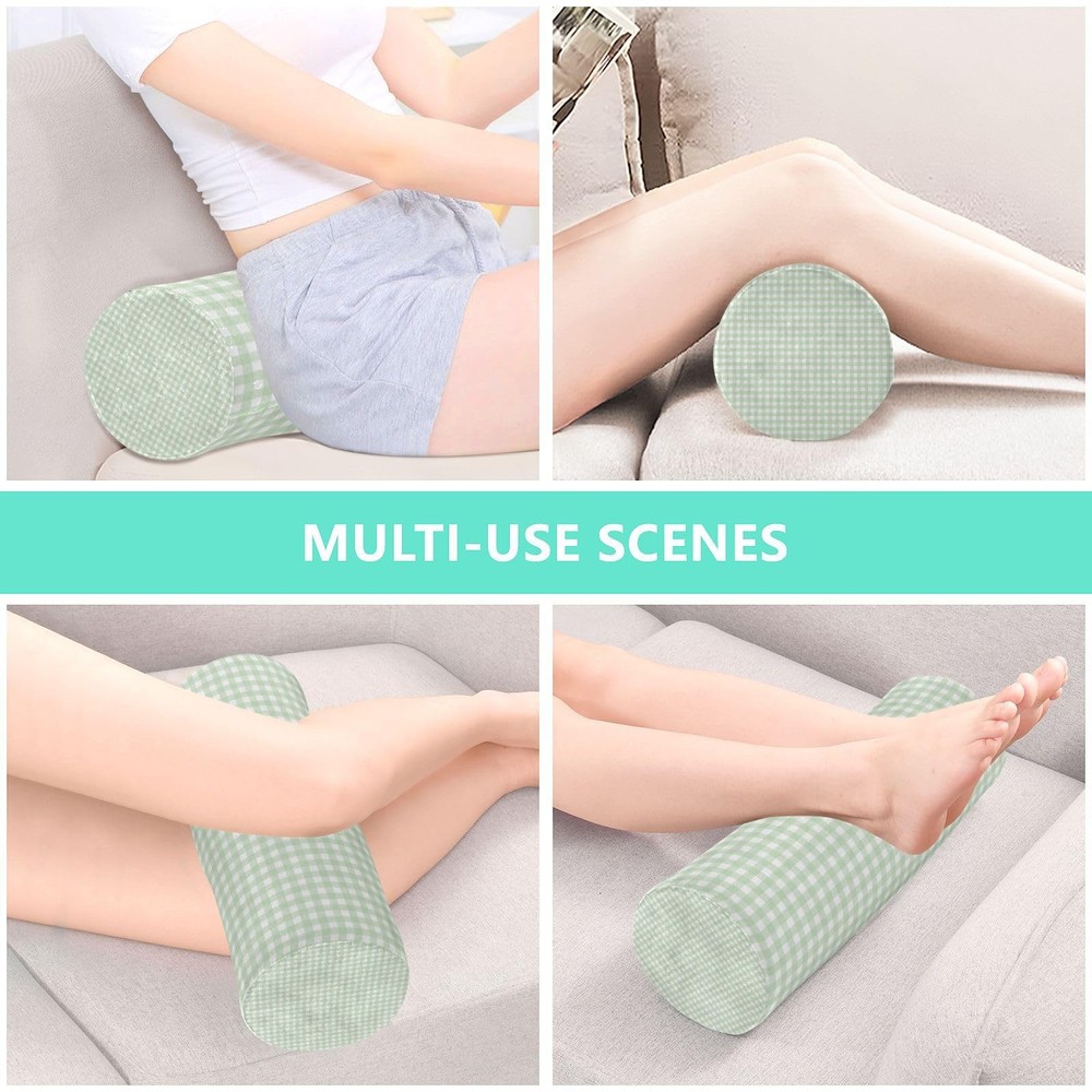 Green Gingham Checkered Neck Roll Pillow - Extra Dense Memory Foam Round Cyli...