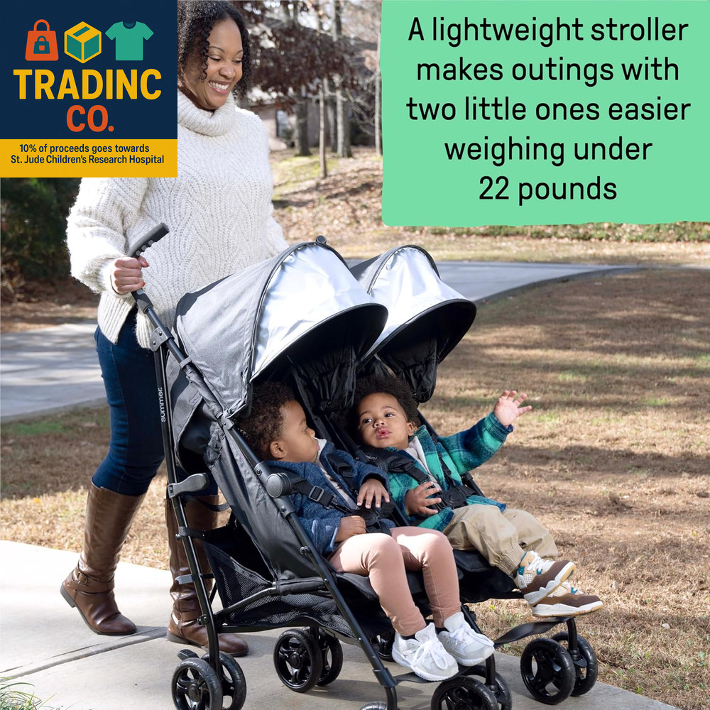 3Dlite Folding Lightweight Side by Side Double Stroller with 5-Point Safety Harn
