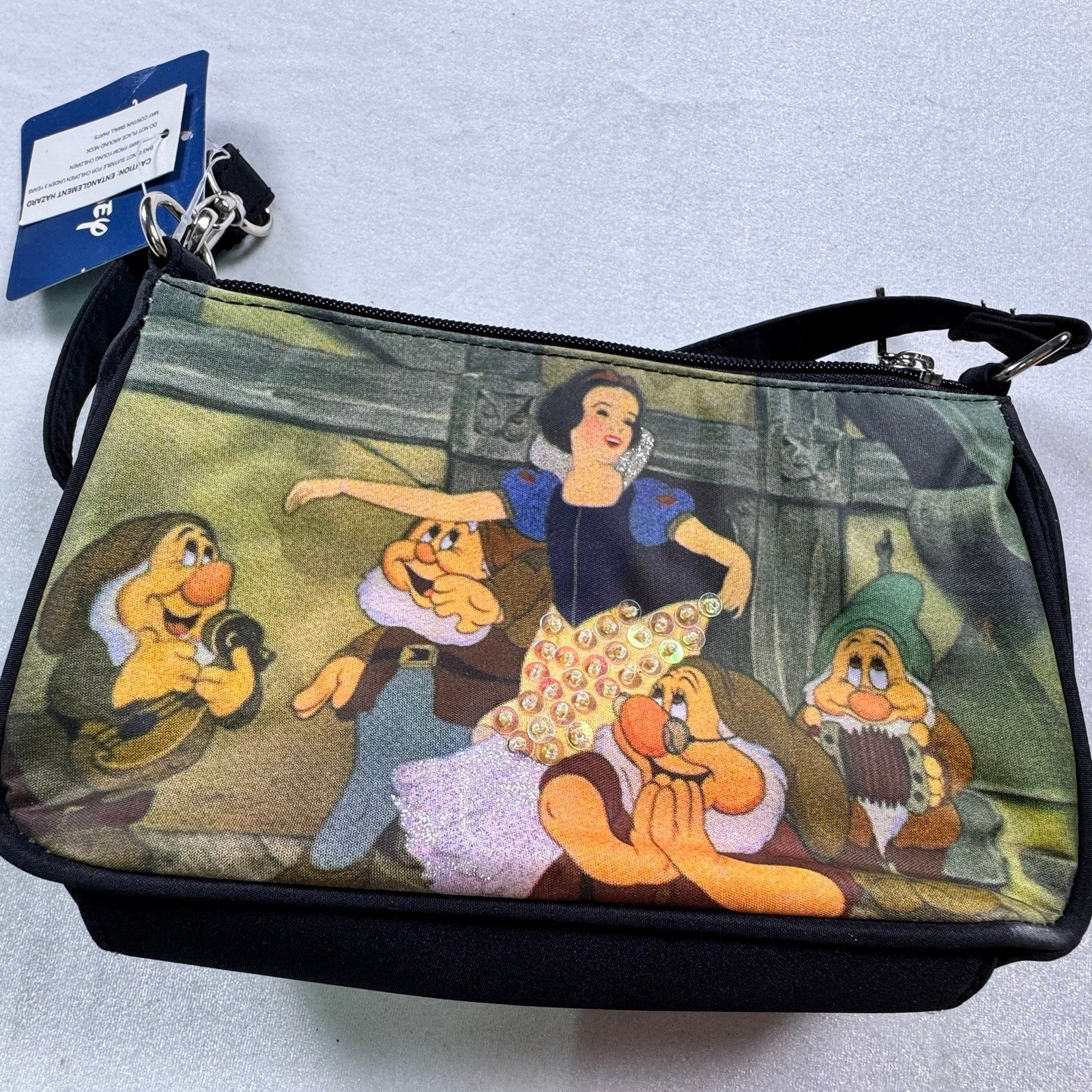 Disney Snow White Seven Dwarfs Baguette Shoulder Bag Black Sequin Y2K Vintage
