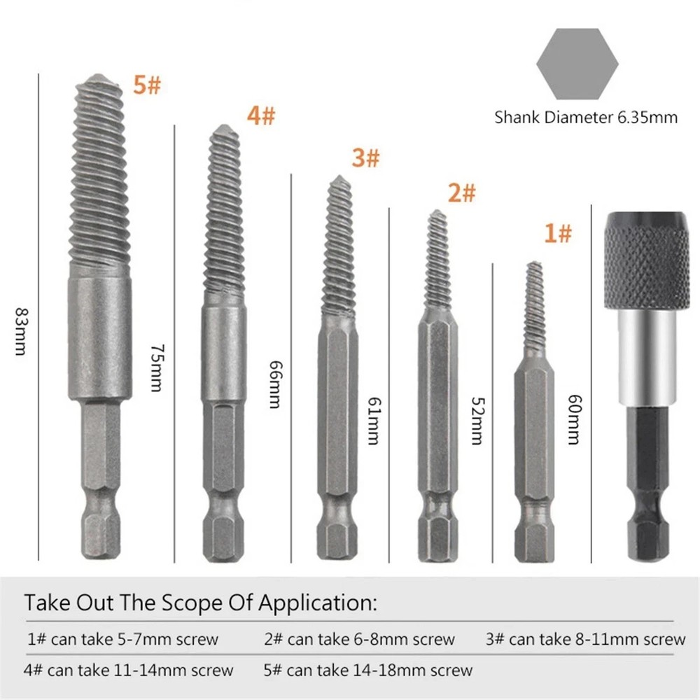 6PCs Screw Extractor Easy Out Drill Bits Kit Damaged Screw Bolt Stud Remover Set