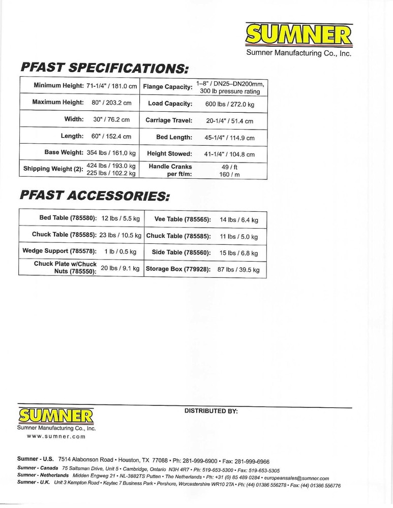 Sumner PFAST Pipe Fitting Alignment System Technique Welding Table Stand 785450