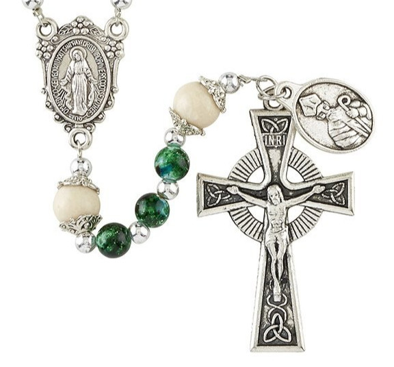 St Patrick Irish Celtic Wire Rosary Green Marbled Glass Beads Miraculous Center