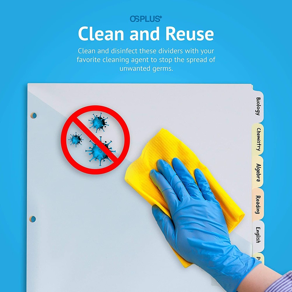 OS Plus 8-Tab 3 Ring Durable Colored Plastic w/Write & Erase Tab Binder Dividers