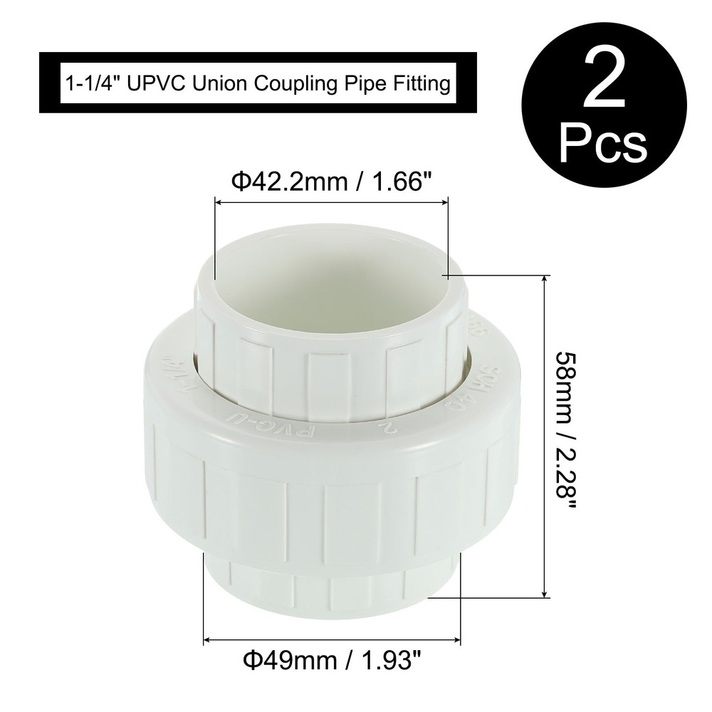 2Pcs 1-1/4" UPVC Union Coupling Pipe Fitting, UPVC Union Coupling Adapter, White