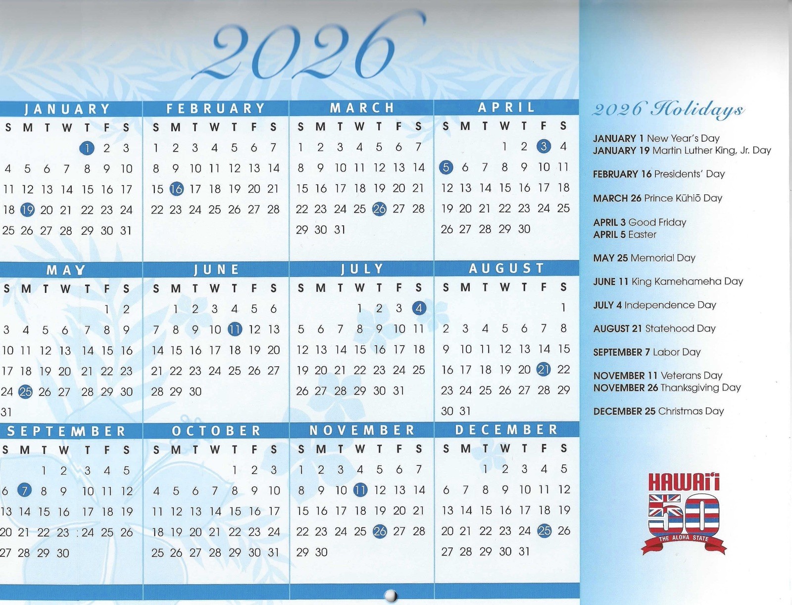 2026 Hawaii Wall Calendar Beaches Volcano Waterfalls Sunsets Holidays Scenic