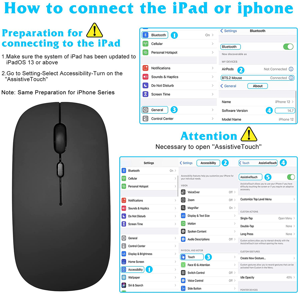 Bluetooth Mouse, Rechargeable Wireless Mouse for Dell Venue 10 7000 Bluetooth Wi