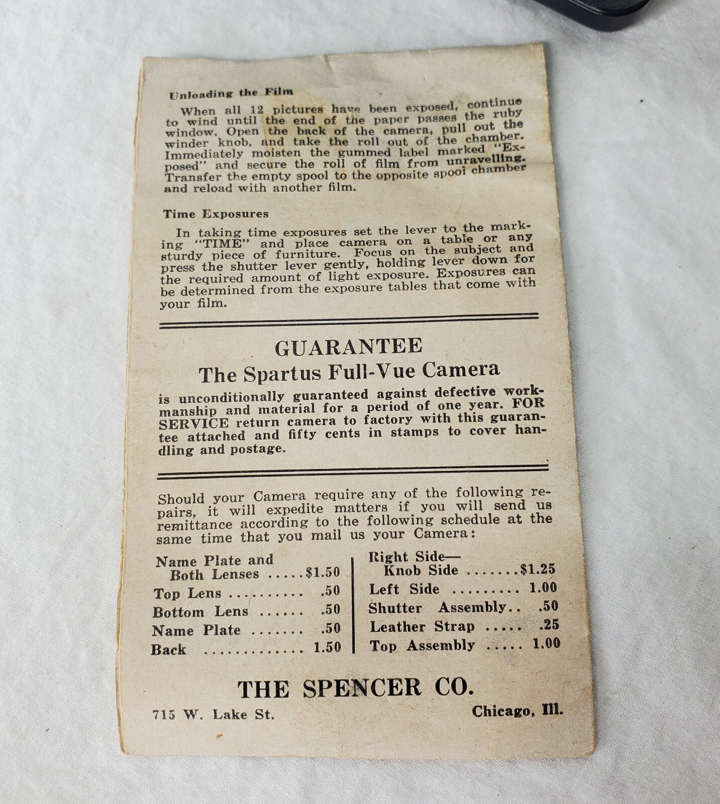 Vintage Spartus Full Vue Camera Instruction Manual Ephemera 1950s Chicago IL