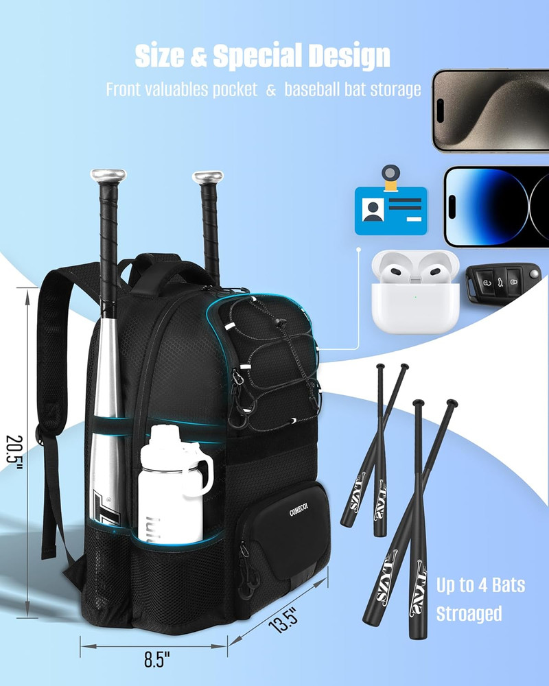 Softball Bag, Lightweight Baseball Backpack with Shoes Compartment, Baseball Bat