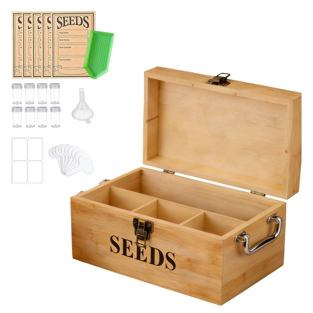 Seed Storage Organizer Box, Double-Layer Seal Design Bamboo Seed Saving Box w...
