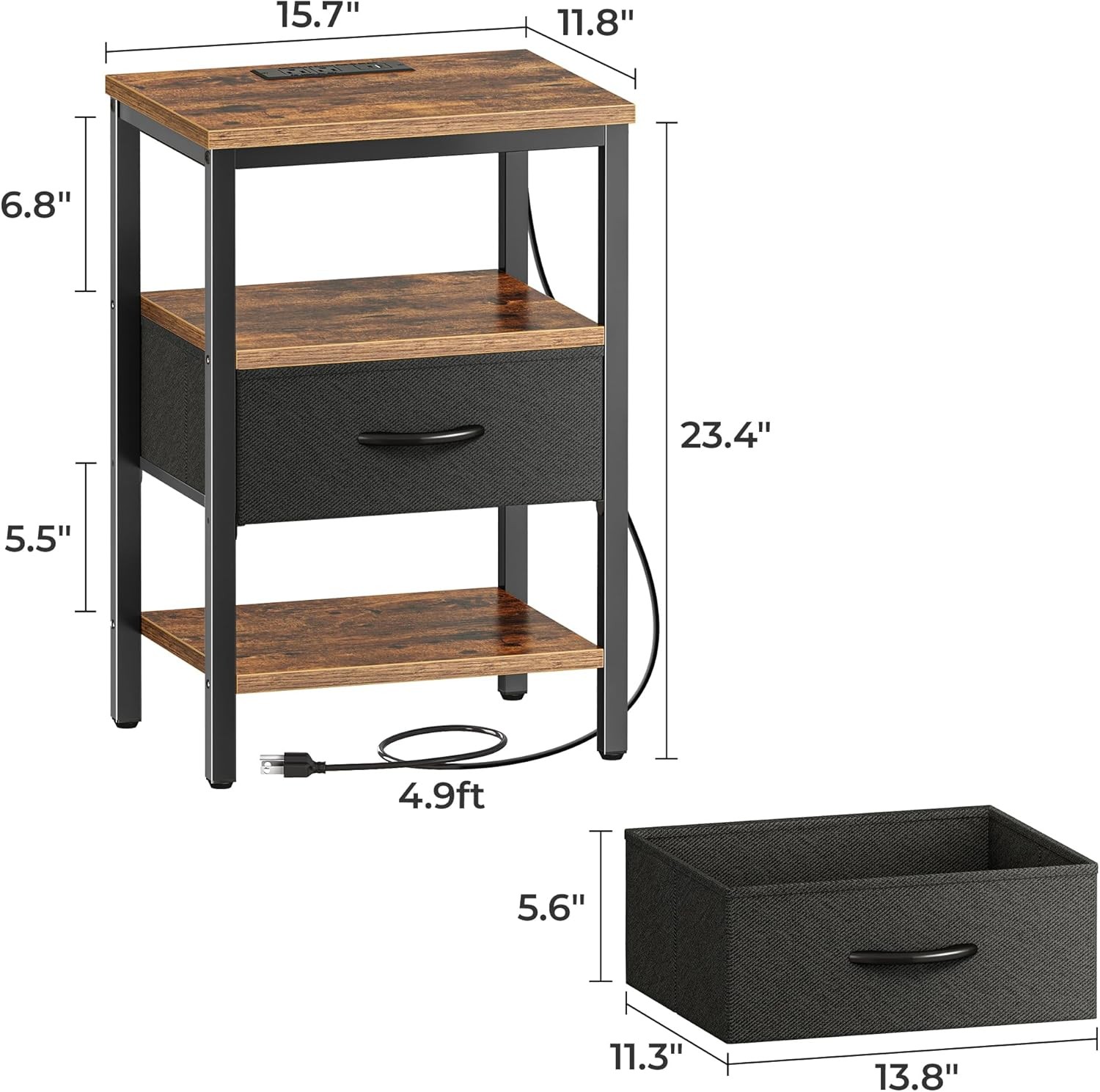Nightstand with Charging Station, Bed Side Table with Adjustable Fabric Drawer,