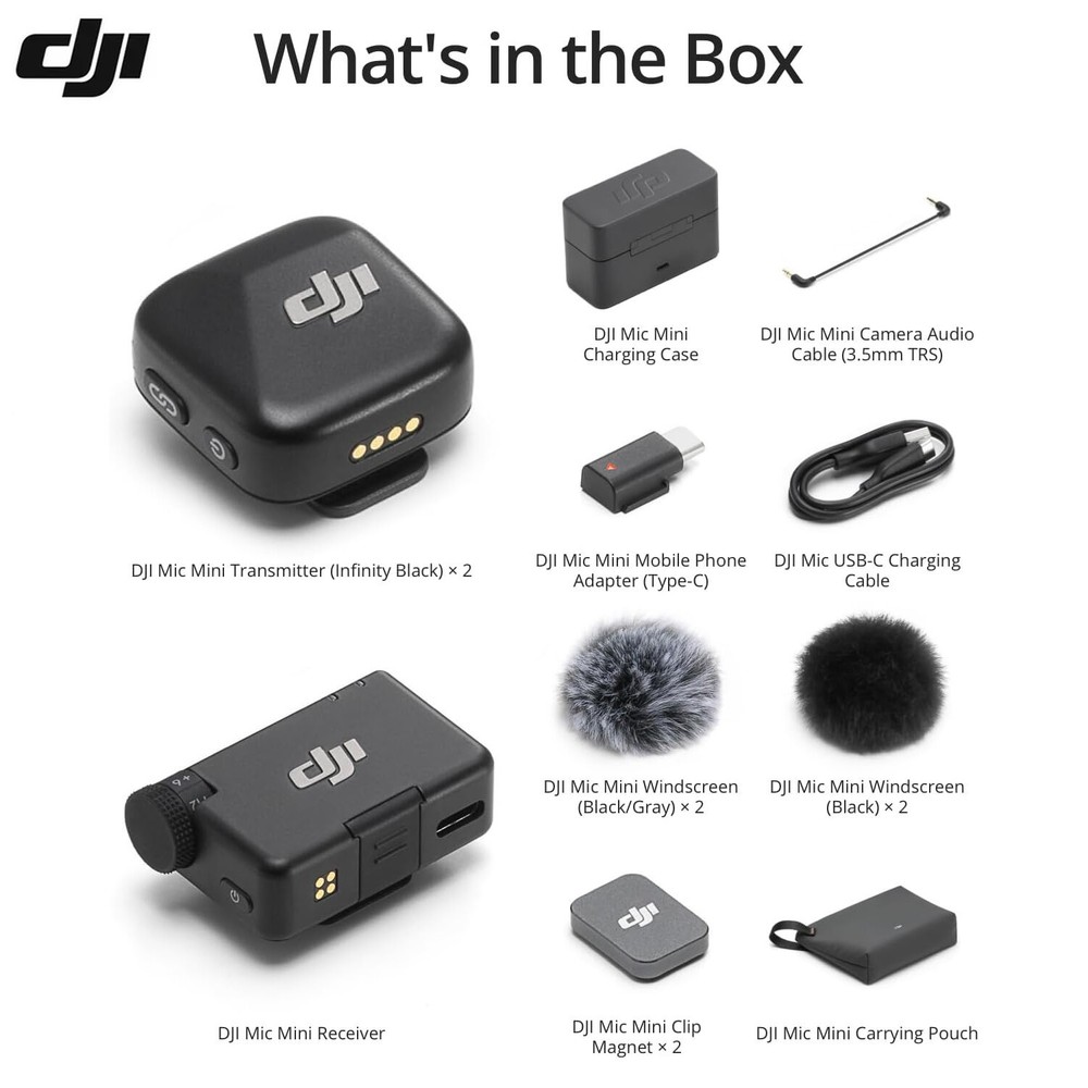 DJI Mic Mini (2 TX + 1 RX + Charging Case) Wireless Microphone for iPhone/Camera