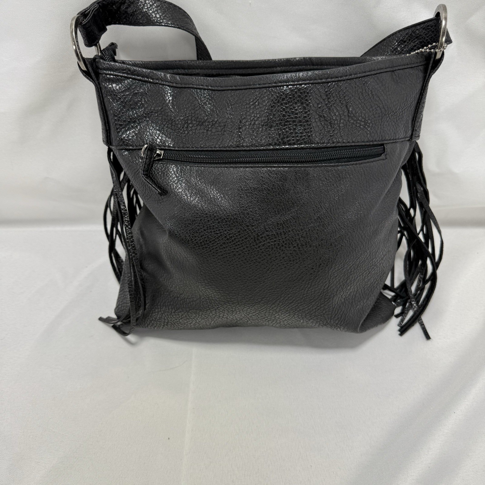 Vintage Y2K Roxy Boho Black Pebbled Fringe Bag Faux Leather Crossbody Purse Mint