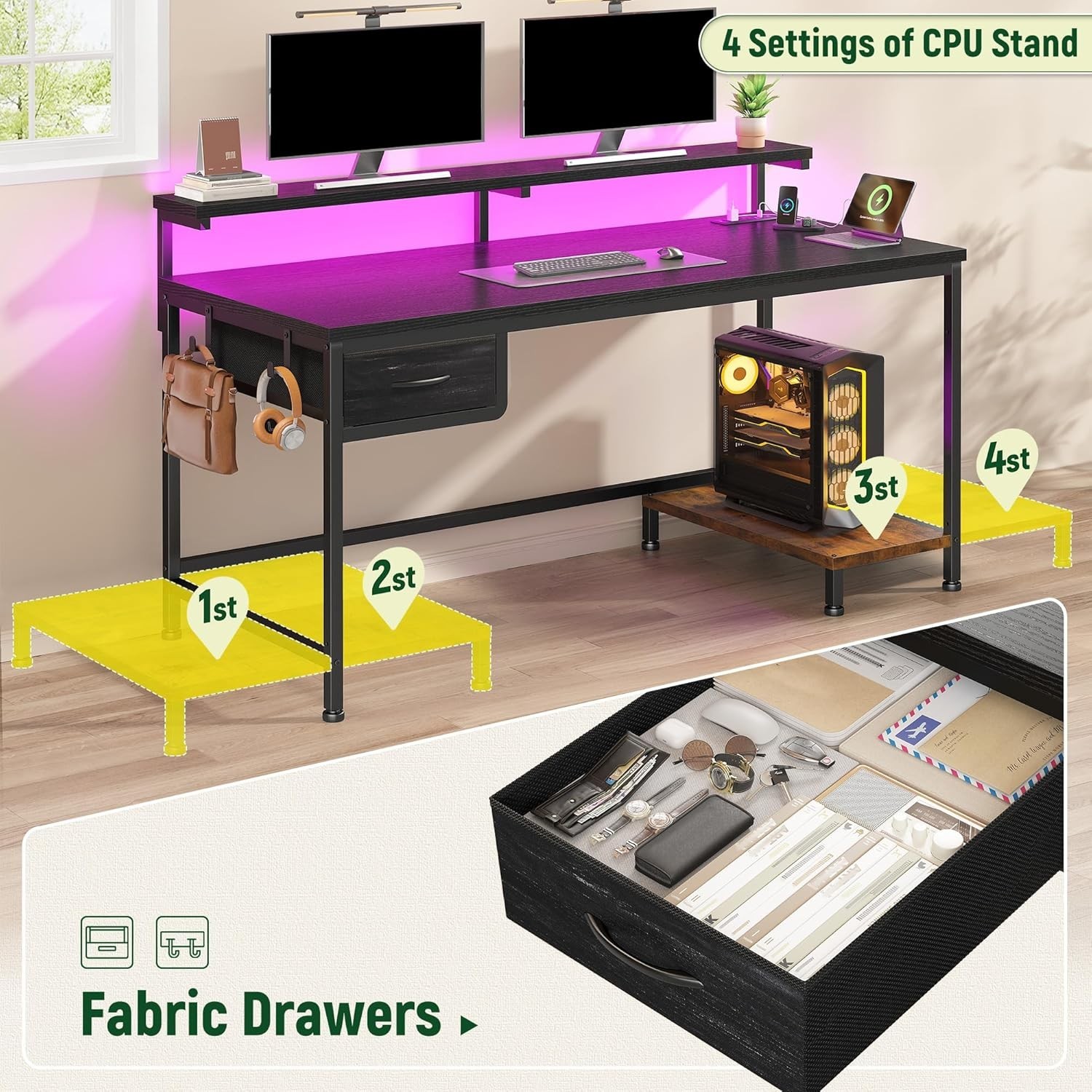 39.3Inch Office Desk with Power Outlet & Drawer, Gaming Desk with CPU Stand& LED