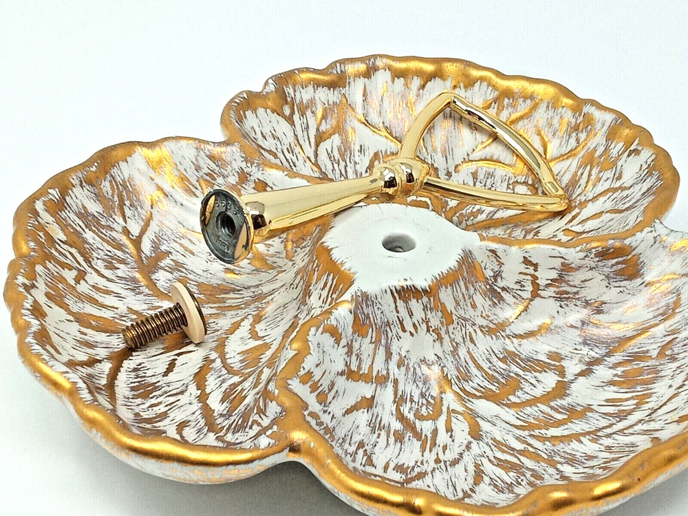 Haeger 3 Section Divided Tidbit nut candy Dish gold paint w/ Handle 8043-H euc