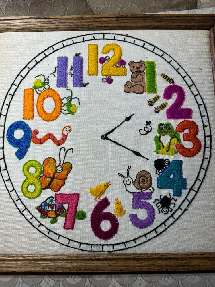 Vintage Needlepoint "A Toy-Themed Wall Clock Scene" - Framed
