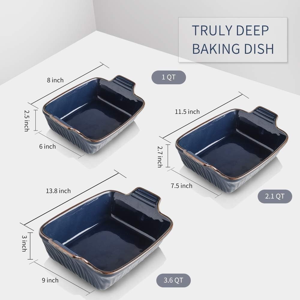3PC Ceramic Bakeware Set 9x13 Baking Dish Lasagna Pans Aegean