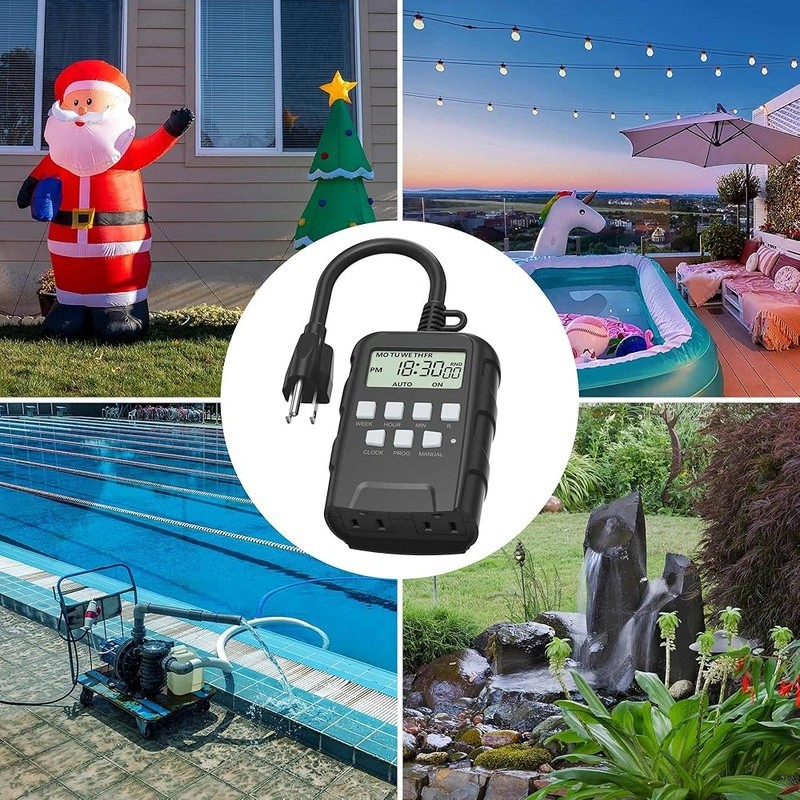 Digital Outdoor Timer Dual Outlets 8 Programmable Settings Waterproof Device New