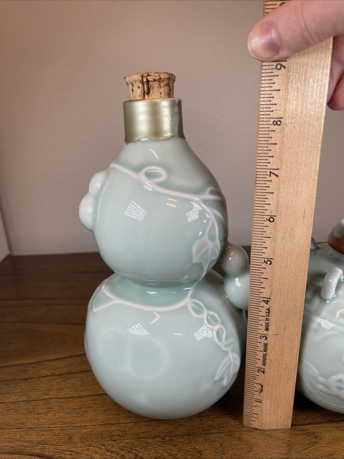 (2) Vtg Rice Wine Gourd Shaped Ceramic Pottery Bottles Empty Celadon Glaze