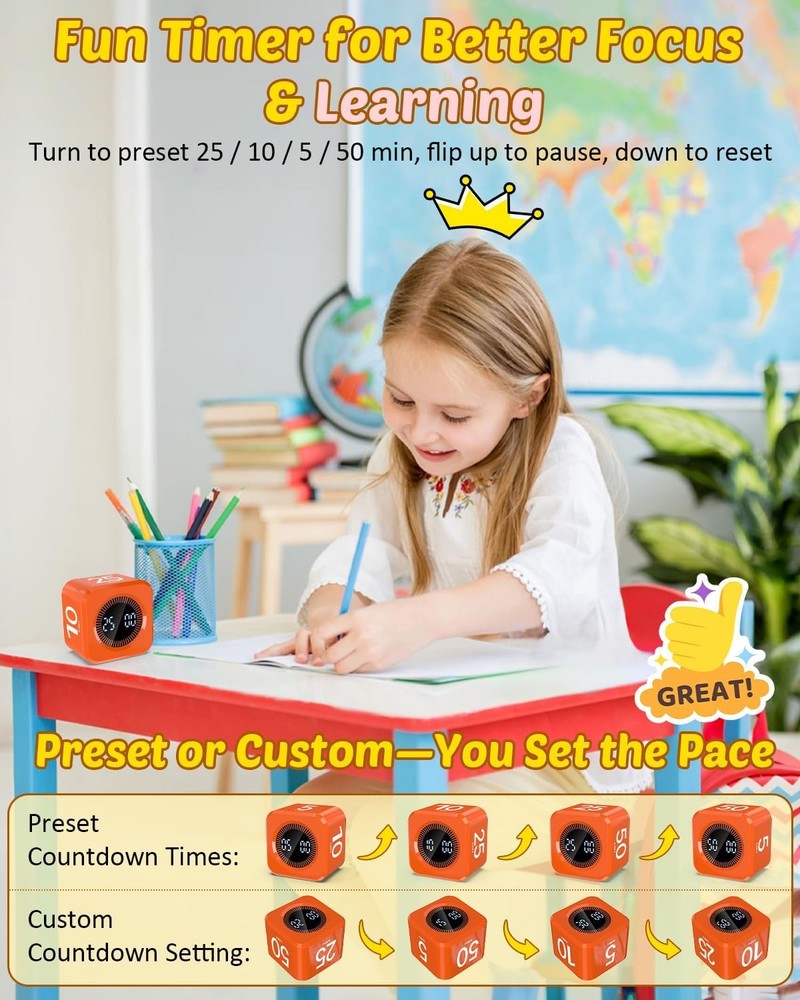 Digital Pomodoro Timer Cube 5/10/25/50min, Visual Productivity Flip Timer for Ki