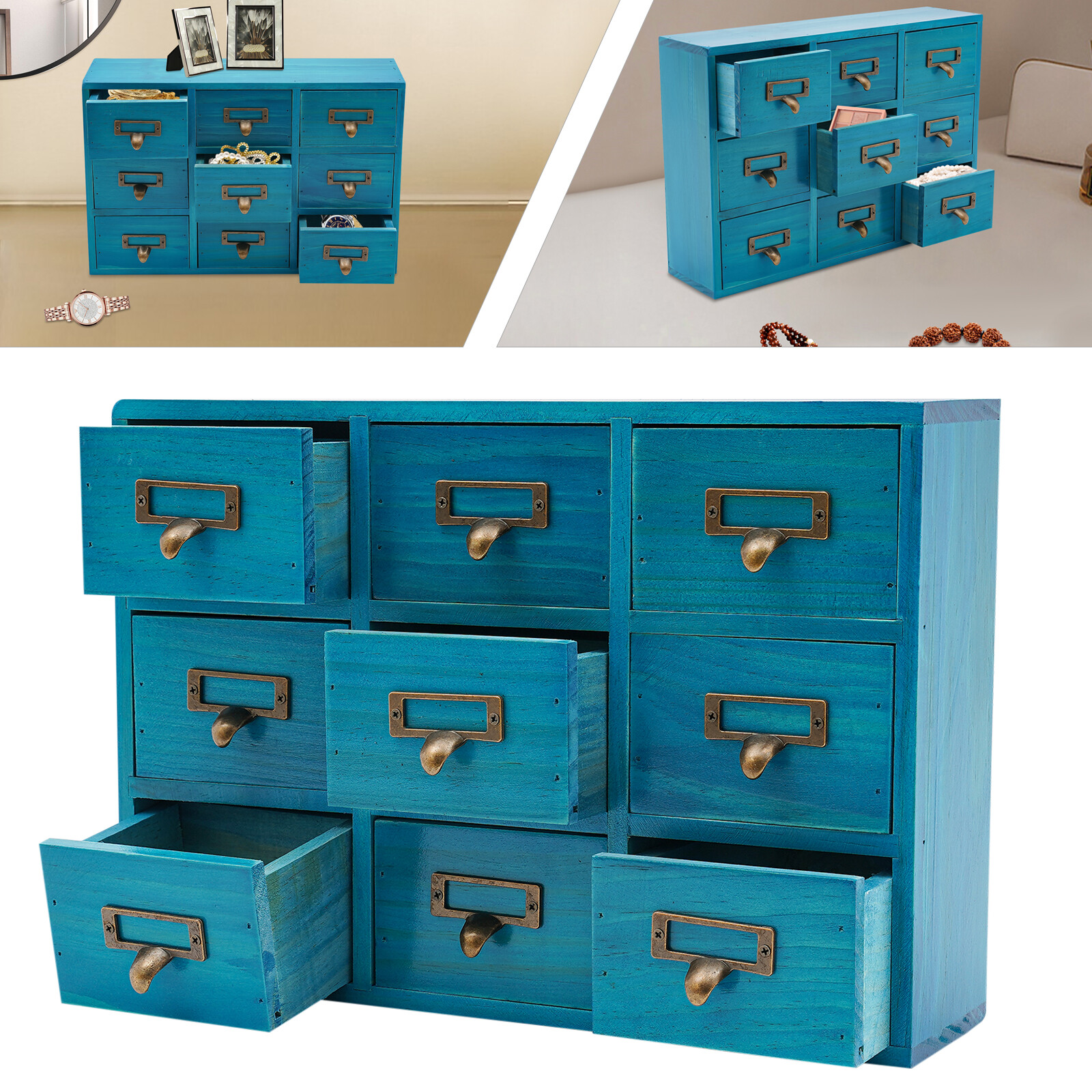 9 Drawers Apothecary Cabinet Case Wooden Desk Drawer Organizer Herb Storage Box
