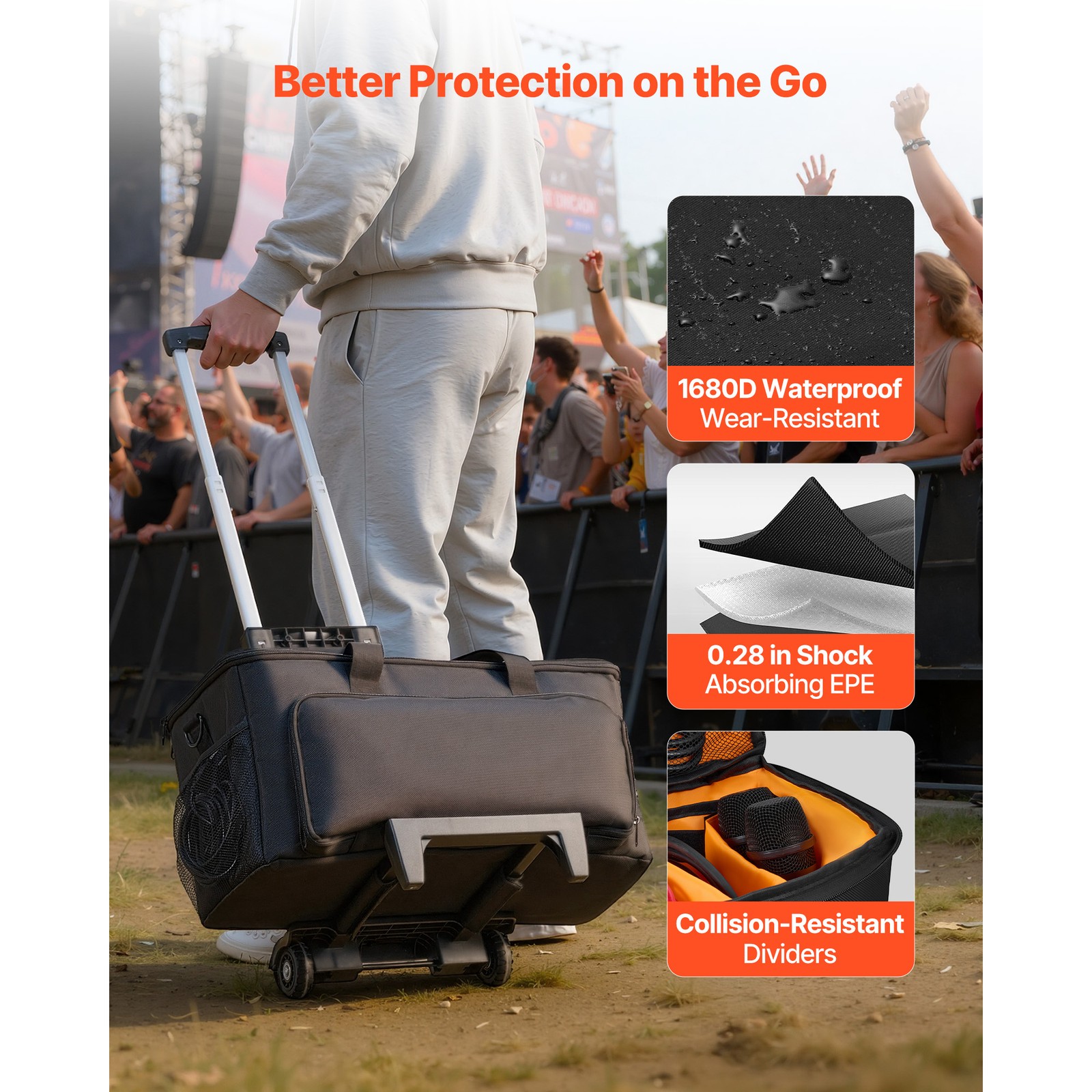 Uimoso Rolling DJ Cable Bag with Wheels, Padded Design, 6 Adjustable Dividers