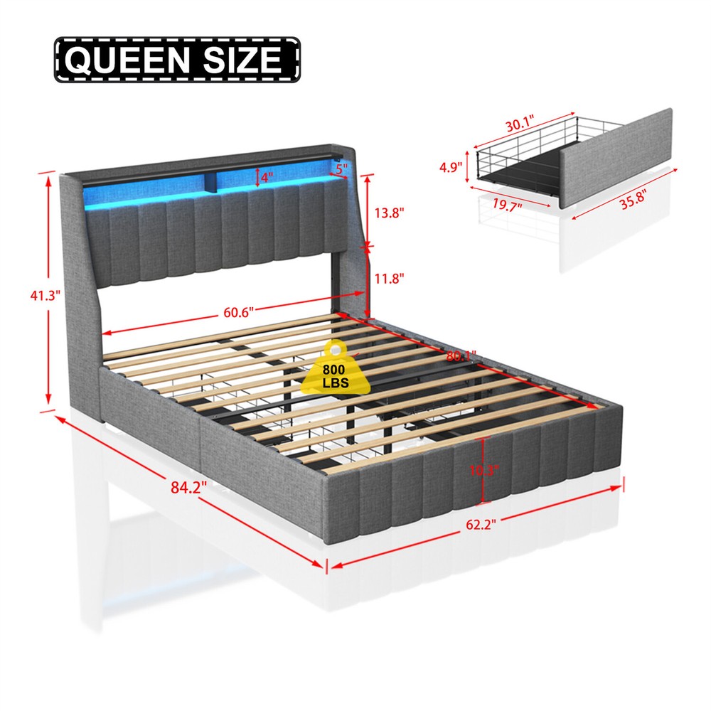 Queen Size Bed Frame Upholstered Platform Bed w/ LED Light Headboard & 4 Drawer