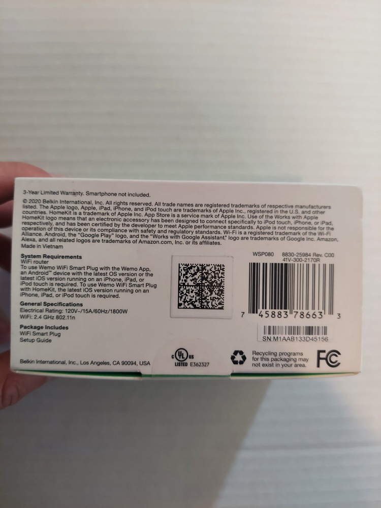 Wemo WiFi Smart Plug WSP080 White Sealed