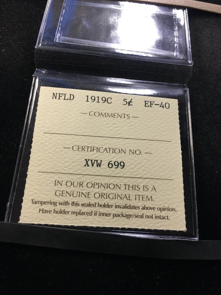 1919c ICCS Graded Newfoundland Five ¢5 Cent, **EF-40**