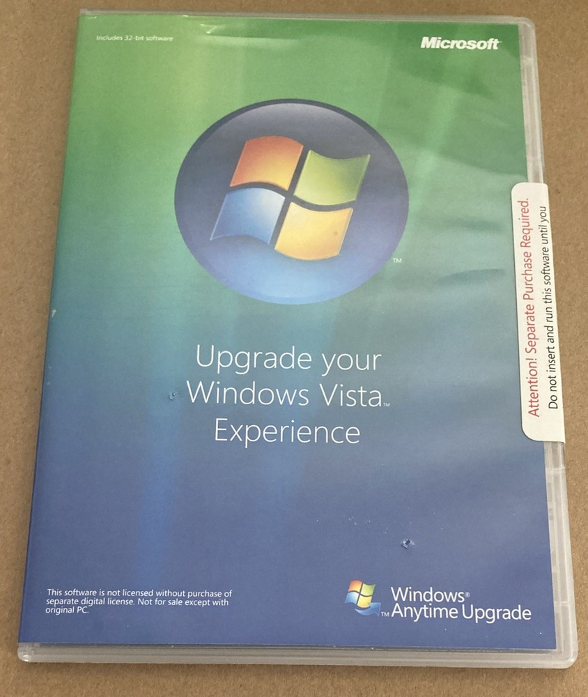 MICROSOFT WINDOWS VISTA EXPERIENCE  ANYTIME UPGRADE DISC 32 BIT SOFTWARE NEW