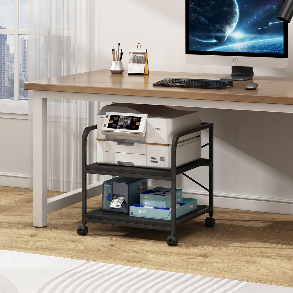 2 Tier Under Desk Printer Stand W/ Storage 20 Inches Deep Large Printer Table W/