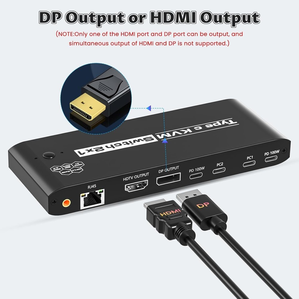KVM Switch 2 Computers 8K@60Hz USB C Switch Sharing USB 2.0 Devices, 7 Ports USB