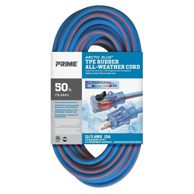 Extension Cord 50FT Prime All-Weather 12/3 Lighted Ends Flexible Cold LT530830