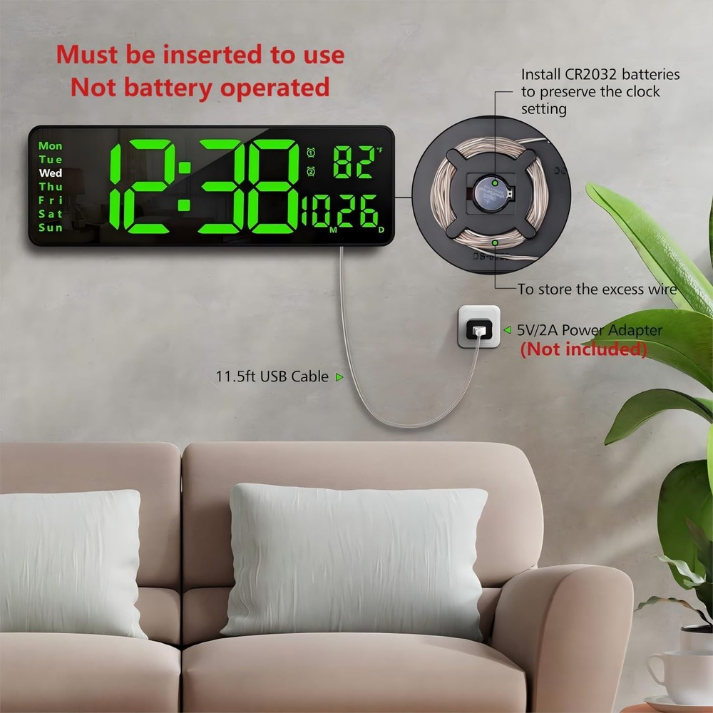 Zgrmbo 16-inch Digital Wall Clock with Remote Control, Large Display Digital ...