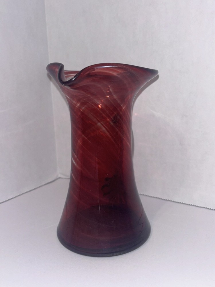 Hand blown Glass Ruby Red Pitcher Applied Ribbed Clear Glass Handle