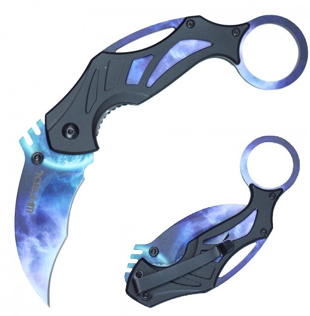 Spring-Assist Folding Knife | Wartech Blue Blade Plasma Karambit Tactical Black