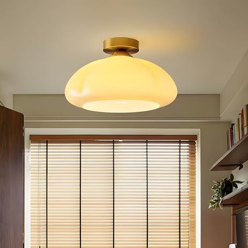 -Modern Gold Semi Flush Mount Ceiling Light Schoolhouse Ceiling Light Cream