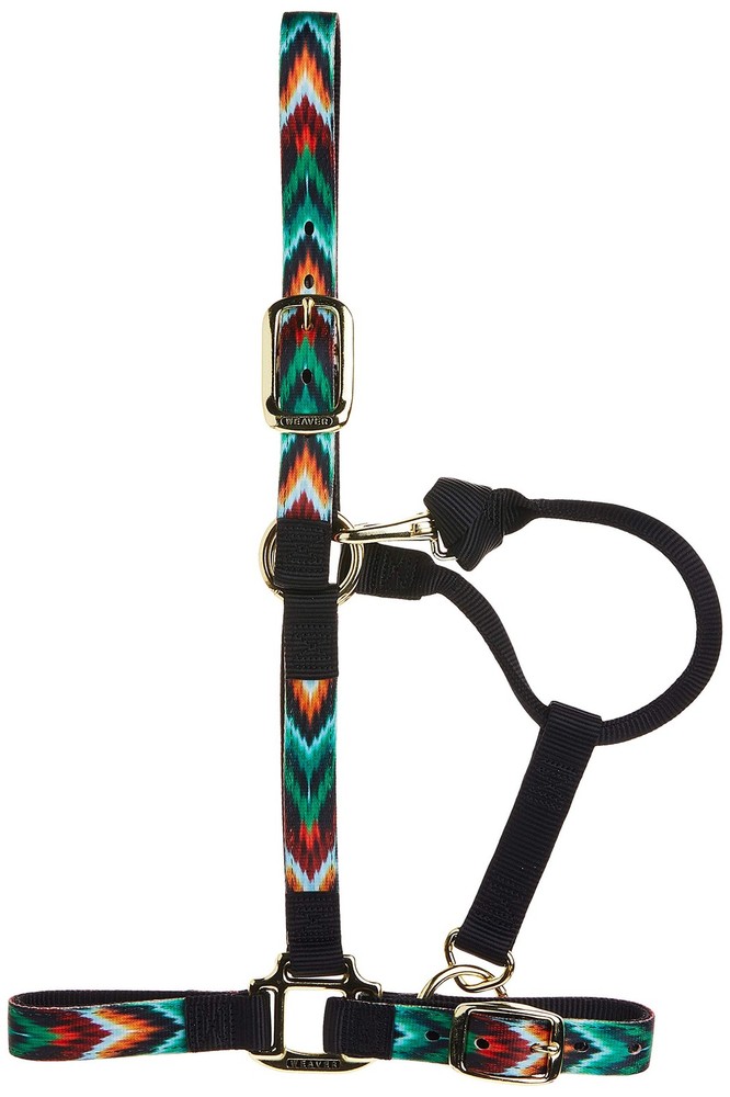 Adjustable Nylon Horse Halter with Patterned Webbing & Throat Snap Average