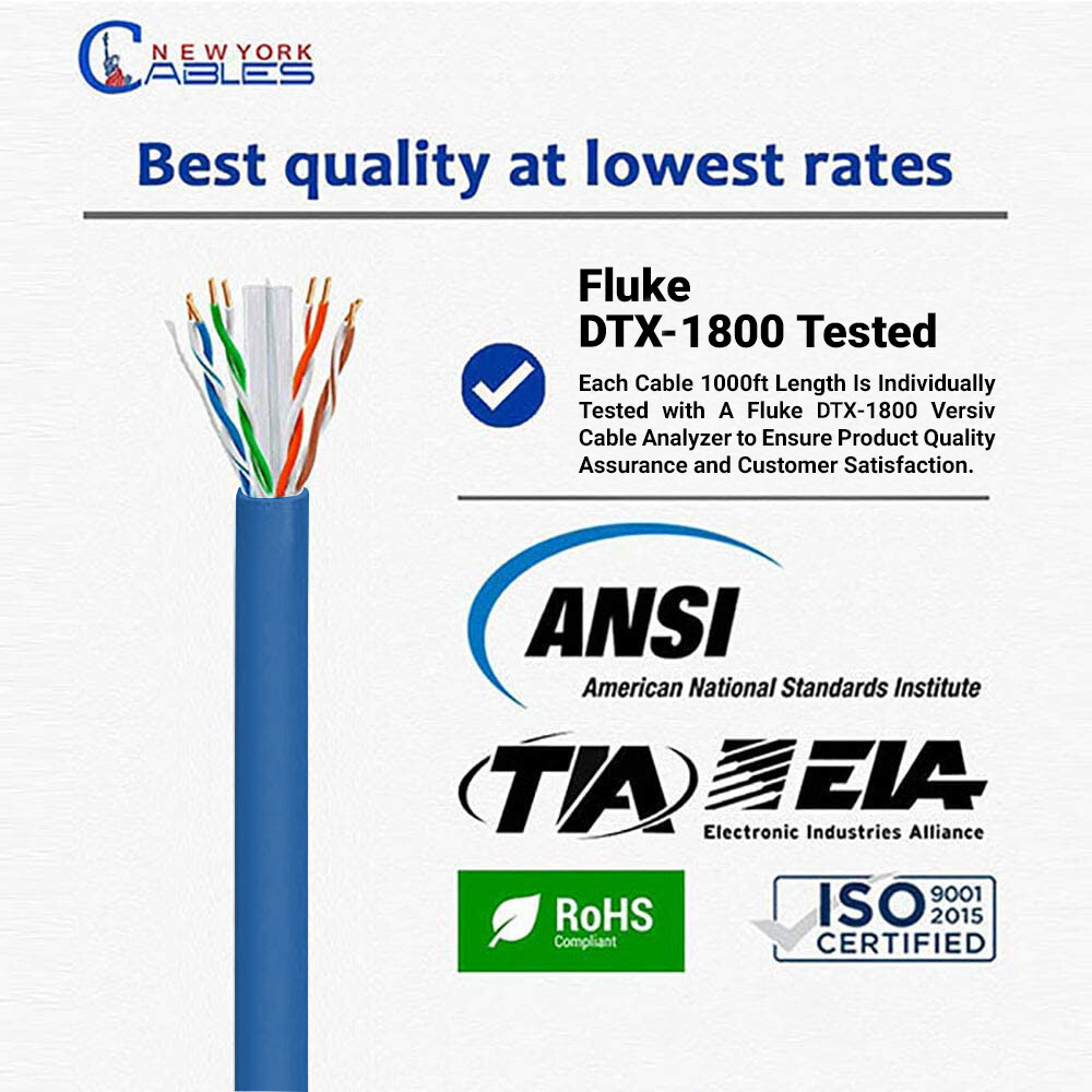 Cat6 Cable 1000ft Riser Rated CMR 23AWG 550MHz Bulk Network Ethernet Wire Blue