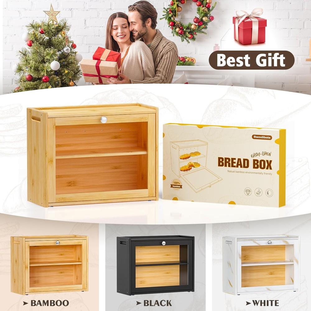Bread Box for Kitchen Countertop, Double-layers large Bread Container with Tr...